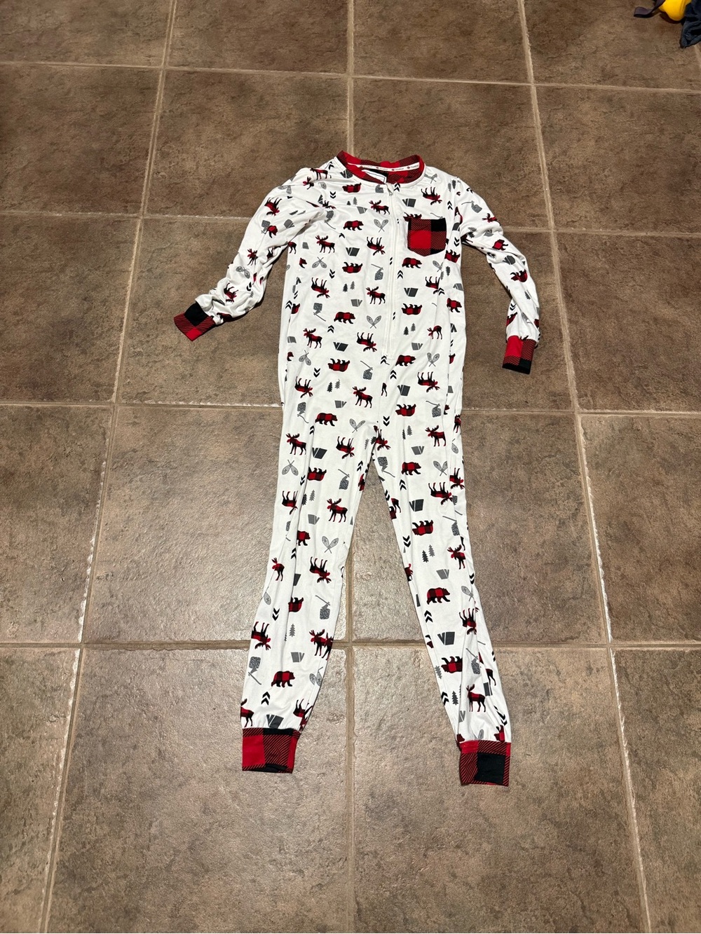 Kids White Footed Pajama with Red & Black Plaid Trim and Moose Print
